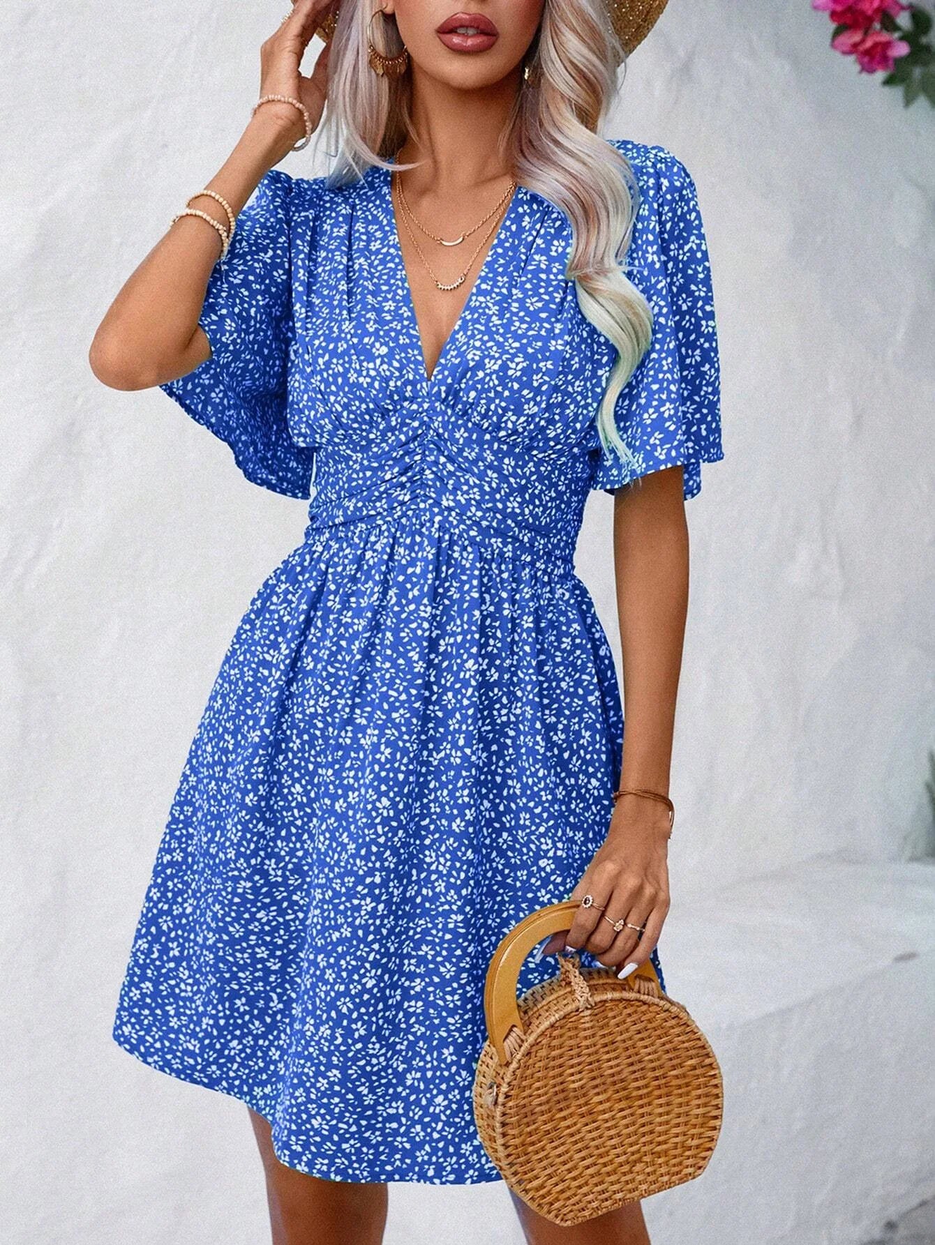 Dress Short Sleeve 2024 Summer Fashion Floral Loose Casual Rayon Dress Beach Vacation Short Skirt