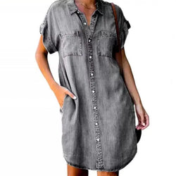 summer hot Europe and the United States simple fashion slim-fit lapel button short sleeve high street commuter denim dress