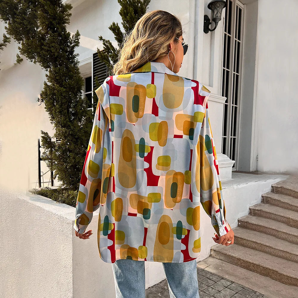 Women Shirt Blouses Long Sleeve Lose Printed Blouse