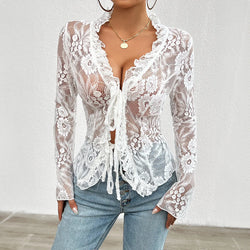 White Pink Lace Blouse Women Spring Autumn Sexy Long Sleeve V-Neck Waist-Cinched Flared Sleeve Ruffled Cardigan for Women