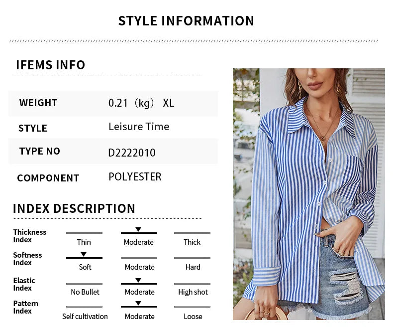 Long Sleeve Chiffon Shirt Contrasting Colors Striped Pocket Women Blouse