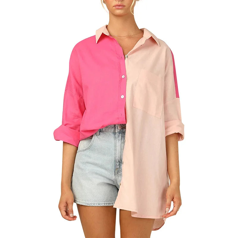 Contrast Panel Single-breasted Chiffon Shirt Long Sleeve Women Blouse