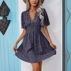 Dress Short Sleeve 2024 Summer Fashion Floral Loose Casual Rayon Dress Beach Vacation Short Skirt