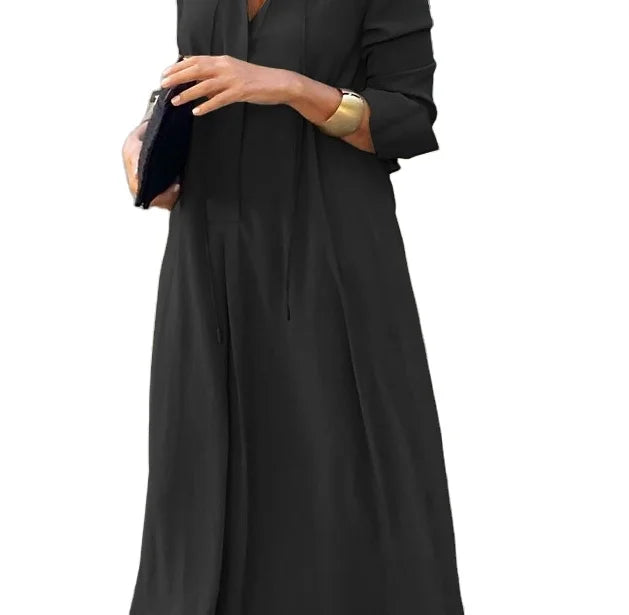 Elegant long sleeve pure black simple casual long shirt business dress