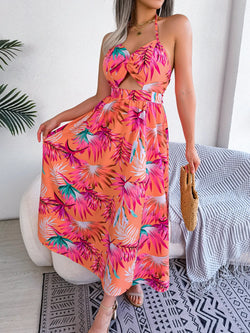 Hot spring and summer pure sweet and lovely print sleeveless hollow cool beach holiday casual ladies hanging neck dress