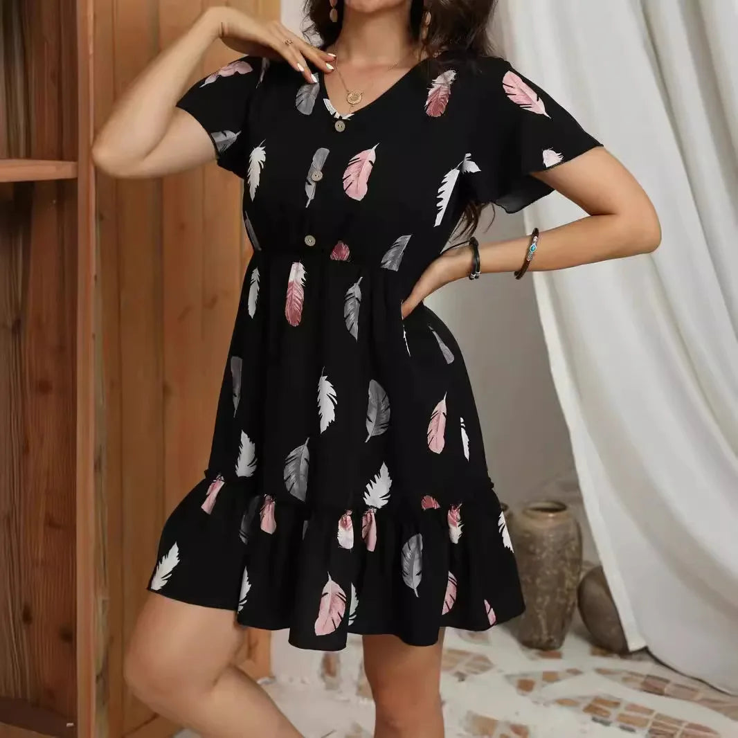 High quality New fashion Simple elegant printed feather button V-neck fold casual holiday holiday women's short skirt