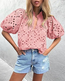 Hollow Lace Embroidered Lantern Sleeves Breathable Shirt Sweet Style Front Logo