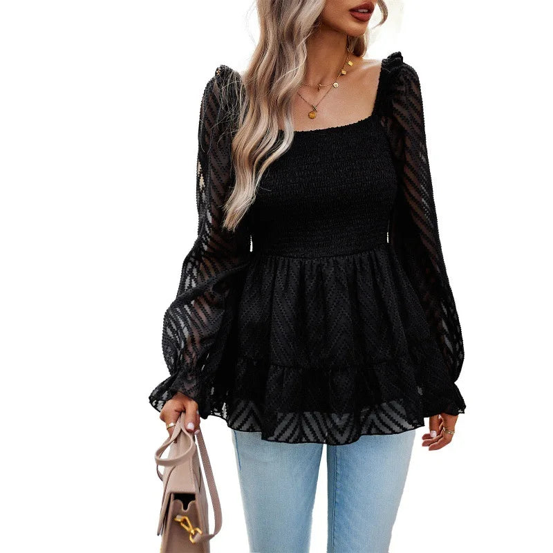 Smocking Elegant Women's Blouse Chiffon Lady Shirts