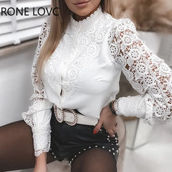 sale lace blouse long sleeve button women white shirt office ladies clothing