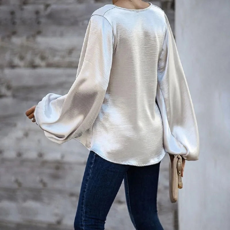 Soft V Neck Women Clothing Tops Long Sleeve Fashion Ladies' Blouses Silky korean clothes