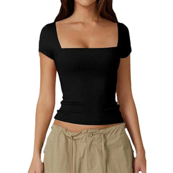 Hot Selling Women's Square Neck Short Sleeve T Shirts Double Lined Basic Tee Slim Fit Tops