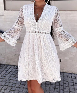 Summer Fashion simple cut-out lace seaside resort flared seven-quarter sleeve dress for women