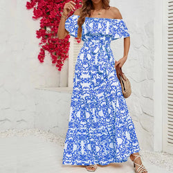 Spring/summer new fashion small fresh elegant one-line shoulder short sleeve printed ruffled seaside play women's dress