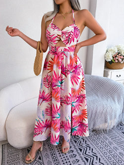 Hot spring and summer pure sweet and lovely print sleeveless hollow cool beach holiday casual ladies hanging neck dress