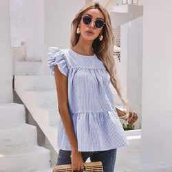 Loose Casual Women's Blouse Ruffle Sleeve O Neck Fashional Shirt Pleated Striped Top