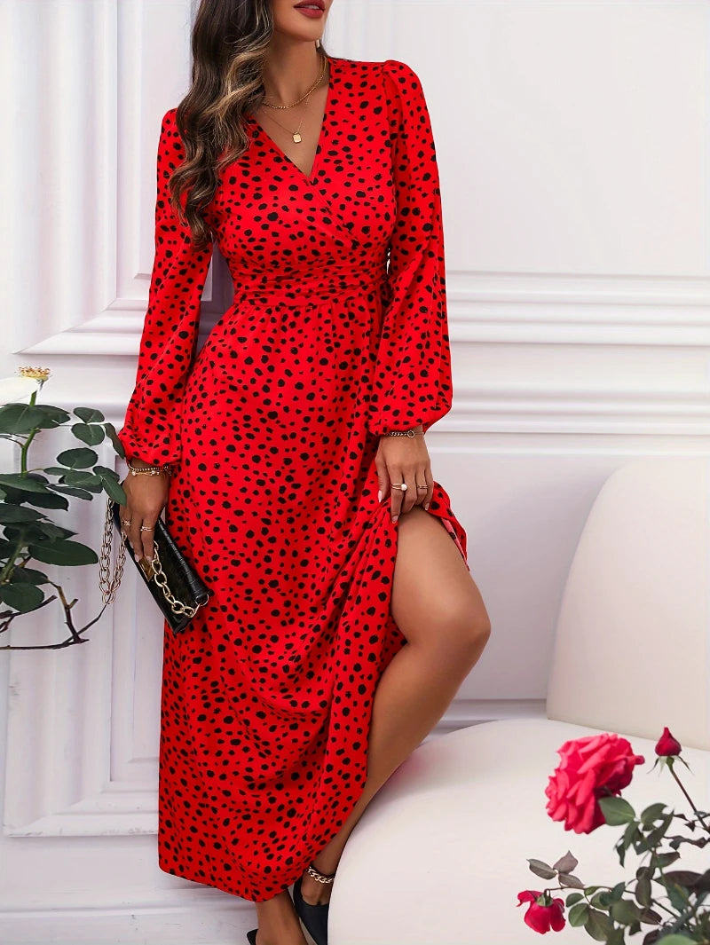 Sexy v neck evening dresses Valentine's Day night waist print pleated Elegant long sleeve women's maxi formal dress