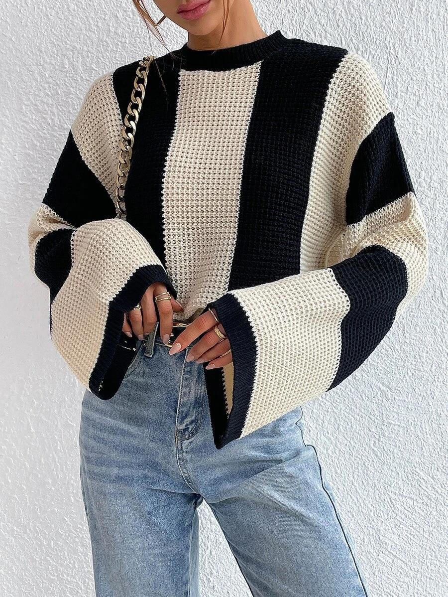 Knitted sweater top crew neck striped design sense niche sweater jacket women