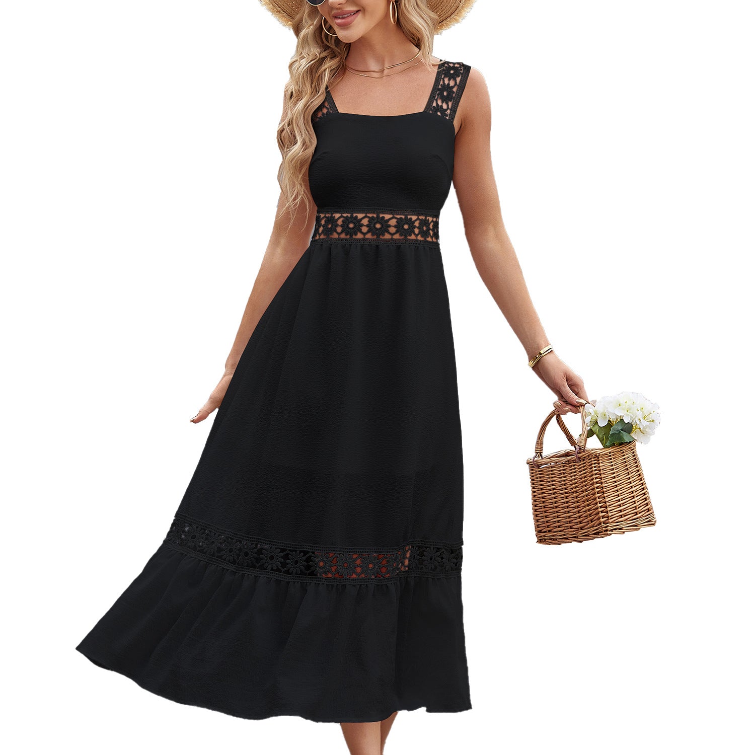 New solid color hollow lace splicing square neck sleeveless suspender dress