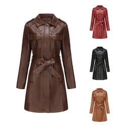 Spring and Autumn Long Sleeve Leather Trench Coat Fashion British Jacket Women