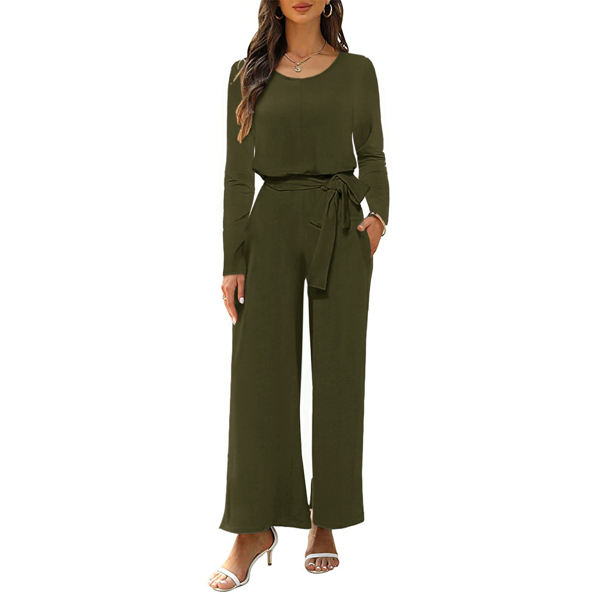 Crew neck long-sleeved waist jumpsuit with pocket and belt