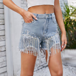 Washed diamond beaded denim shorts fringed hot pants