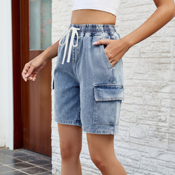 Washed lace-up elastic waist five-point denim shorts tide