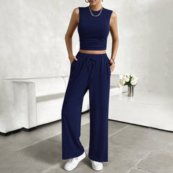 Spring and summer urban casual solid color top vest trousers set two-piece set