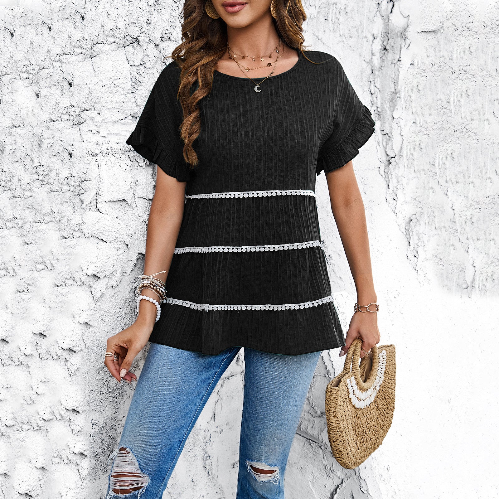 Spring and Summer Casual Loose Lace Short Sleeve Top