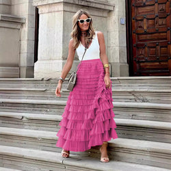 Fashion temperament women's clothing elegant mesh skirt cross-border new European and American fluffy long skirt solid color high waist cake skirt