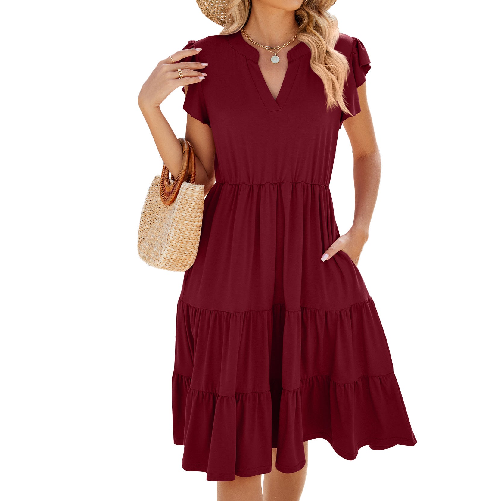 Spring and summer new solid color V-neck loose short-sleeved waist splicing dress