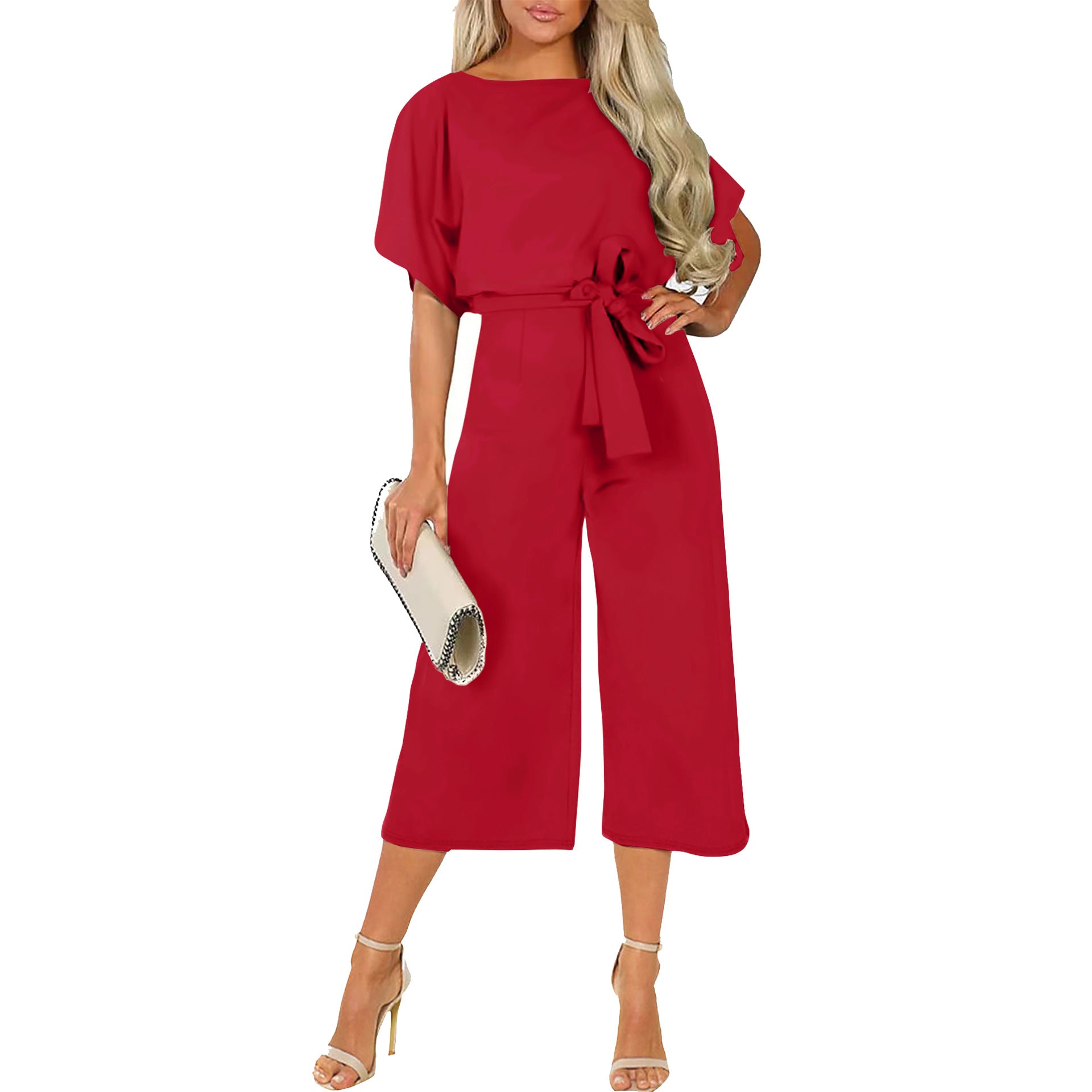 Summer solid color one-sleeved cropped pants women's lace-up jumpsuit