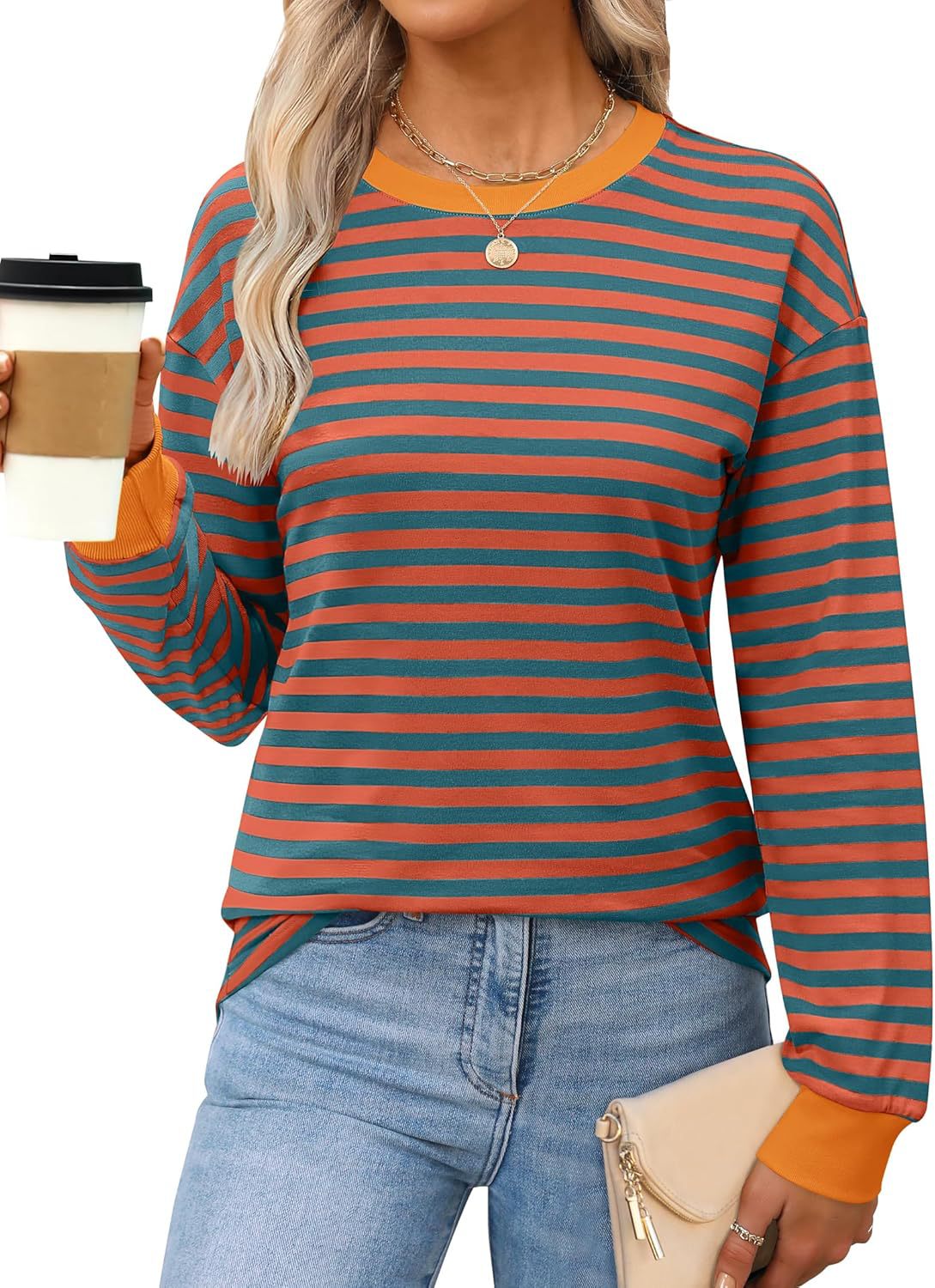 Fashion Women's Clothing Contrasting Stripes Loose Crew Neck Long Sleeve Women's T-Shirt