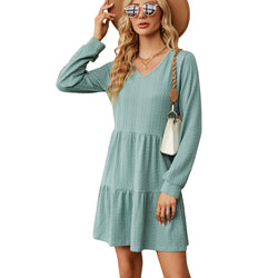 New V-neck solid color splicing long-sleeved loose dress for women