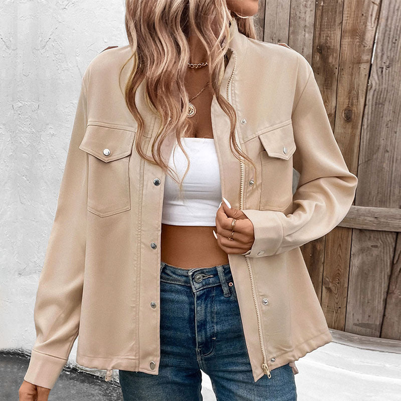 Women's stand-up collar solid color jacket women's