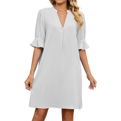 Summer new solid color V-neck loose pleated five-quarter sleeve dress women