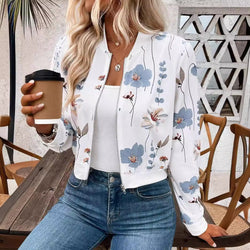 Women's Zipper Floral Print Long Sleeve Short Casual Jacket