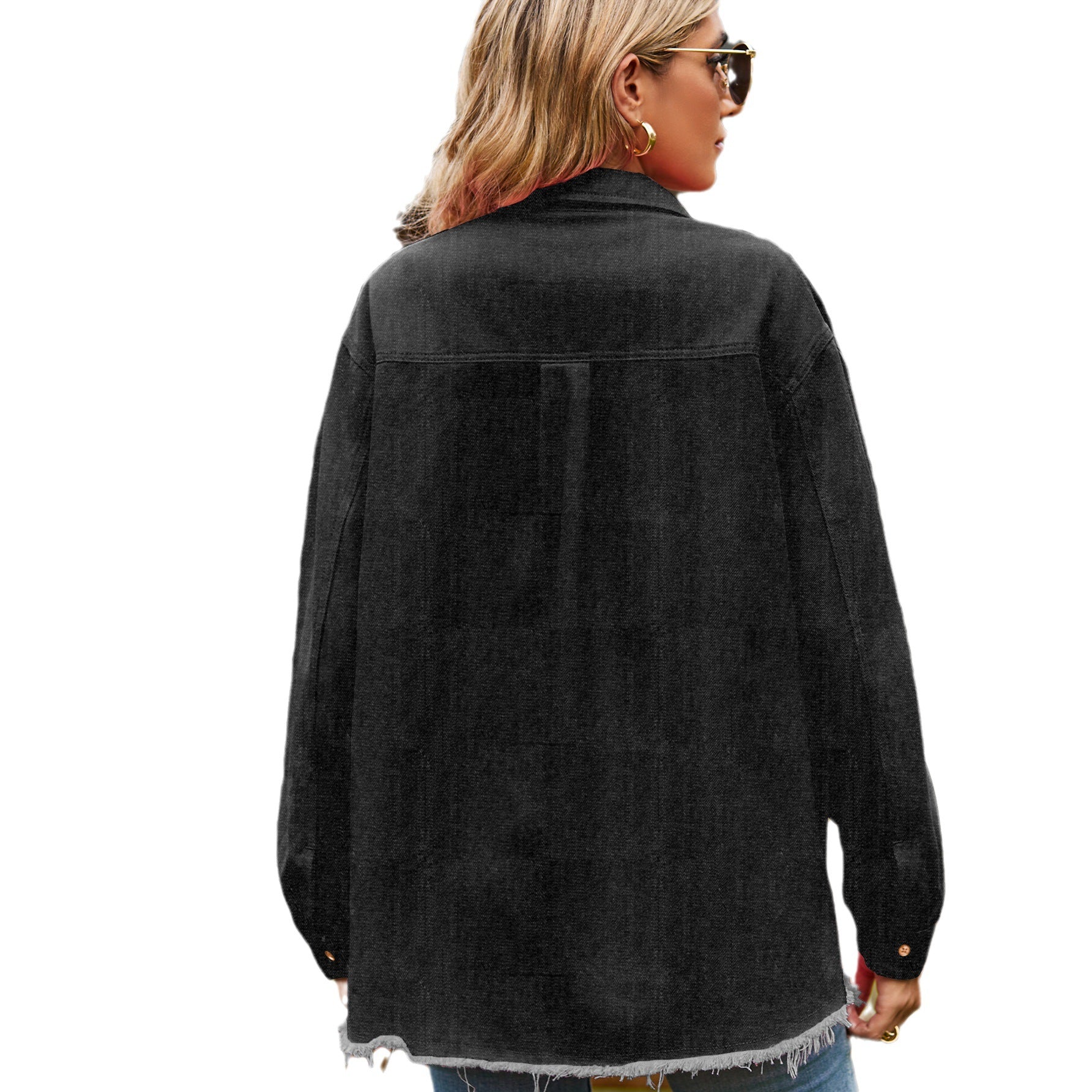 New denim rough edge washed fringed top casual shirt women