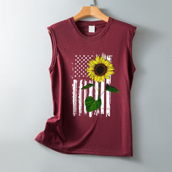 Independence Day new sunflower pattern loose casual round neck sleeveless vest