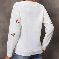 New loose casual knitted sweater cherry embroidered V-neck pullover sweater women