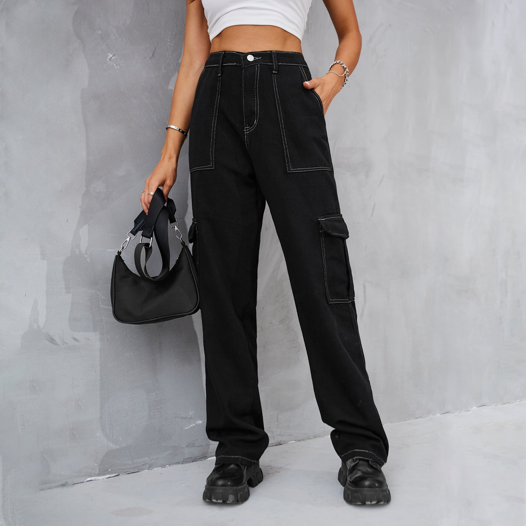 Denim semi-elastic design personalized versatile tooling trousers wish women's tide