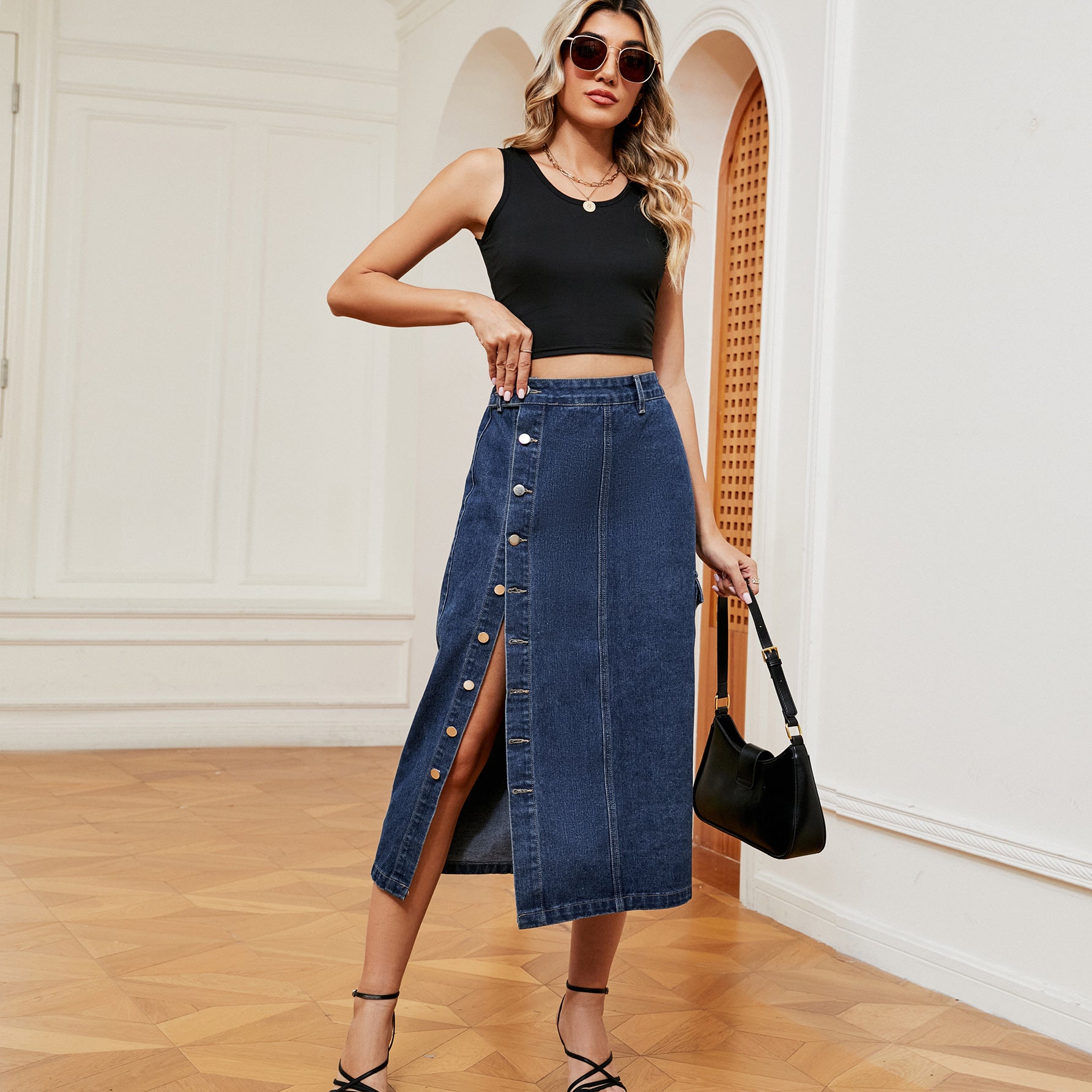 Semi-elastic denim tooling casual skirt skirt women