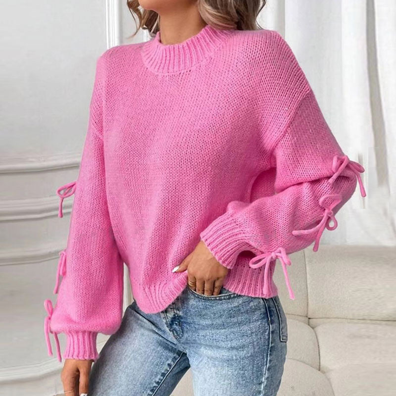 Women's Sweater Solid Color Crew Neck Long Sleeve Bow Pullover