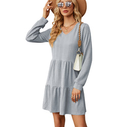 New V-neck solid color splicing long-sleeved loose dress for women