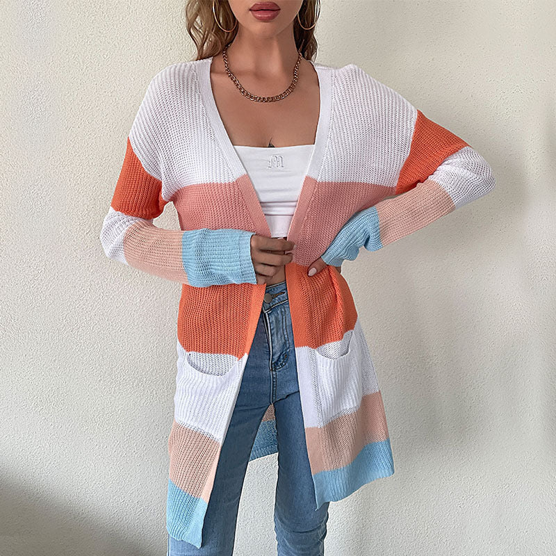 Medium and long sweater jacket Japanese striped knitted cardigan