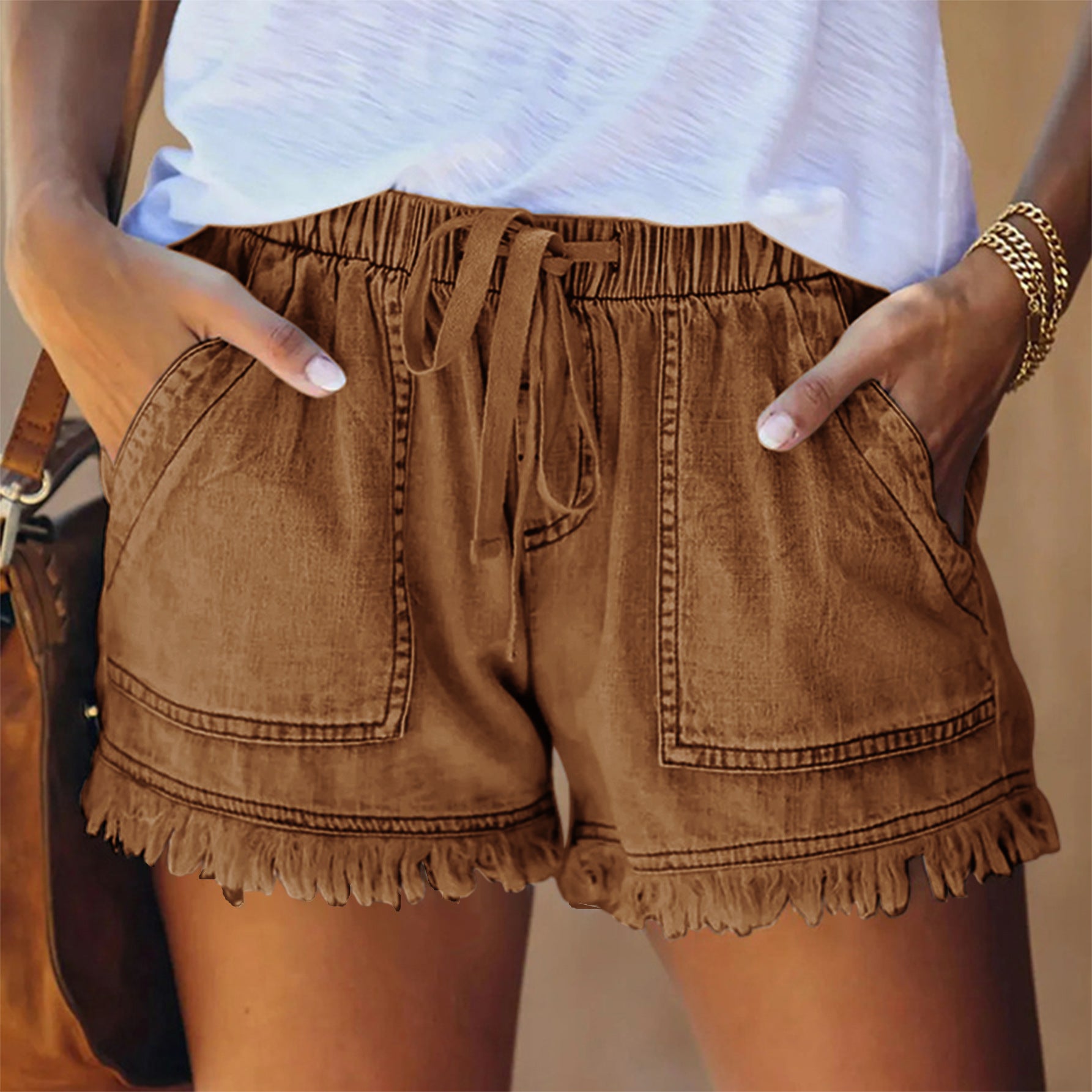 Elastic waist drawstring casual high waist thin denim shorts women