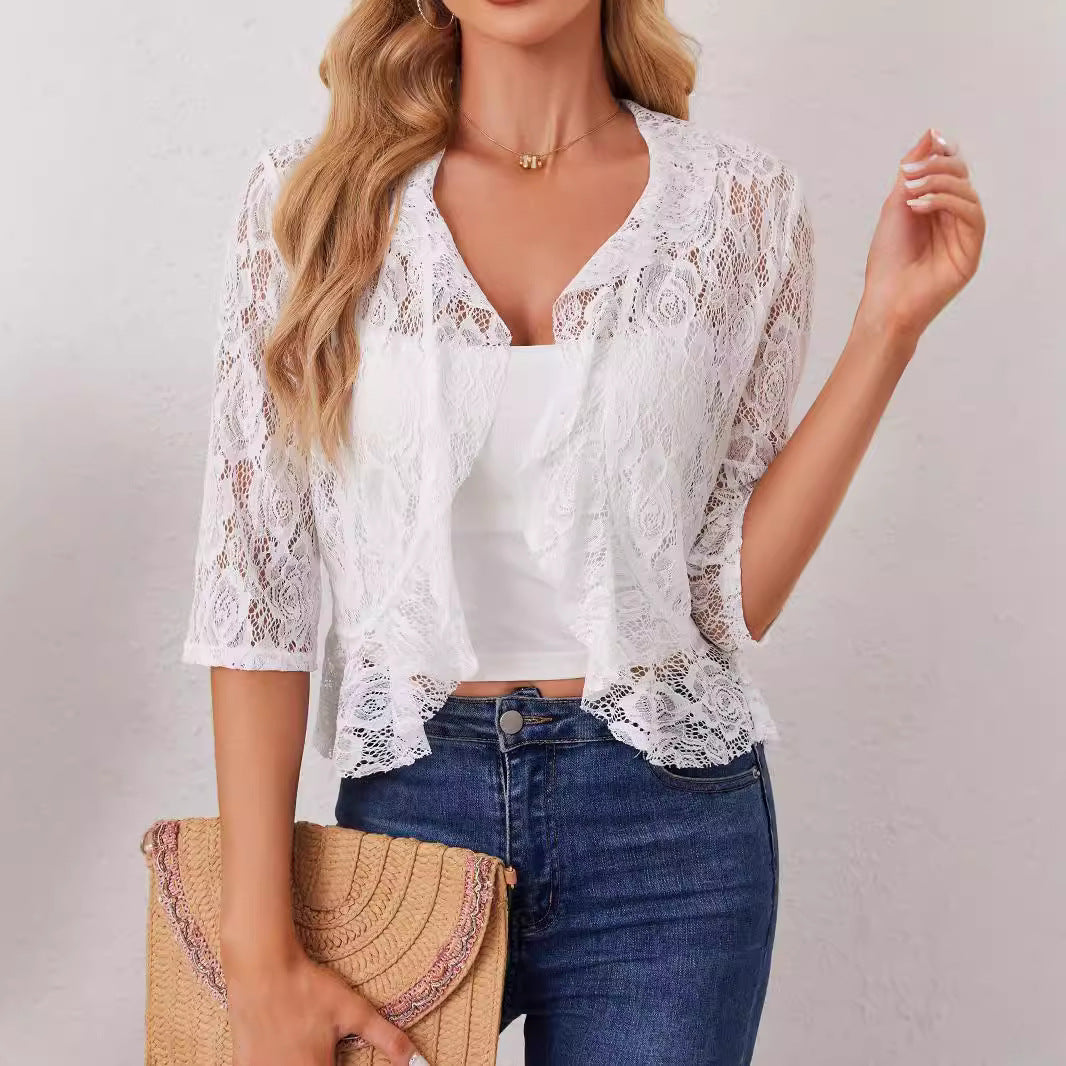 Women's Flowerleaf Open Placket Short Lace Top