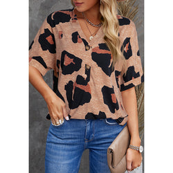 Fashion V-neck leopard print short-sleeved T-shirt for women's personality niche contrasting jumper for women