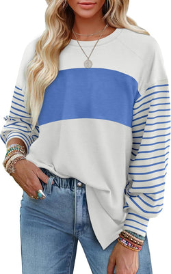 Pullover Crew Neck Casual Striped Contrast Long Sleeve T-Shirt Women