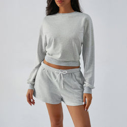 Solid color pullover long-sleeved sweater three-point pants set women's two-piece set