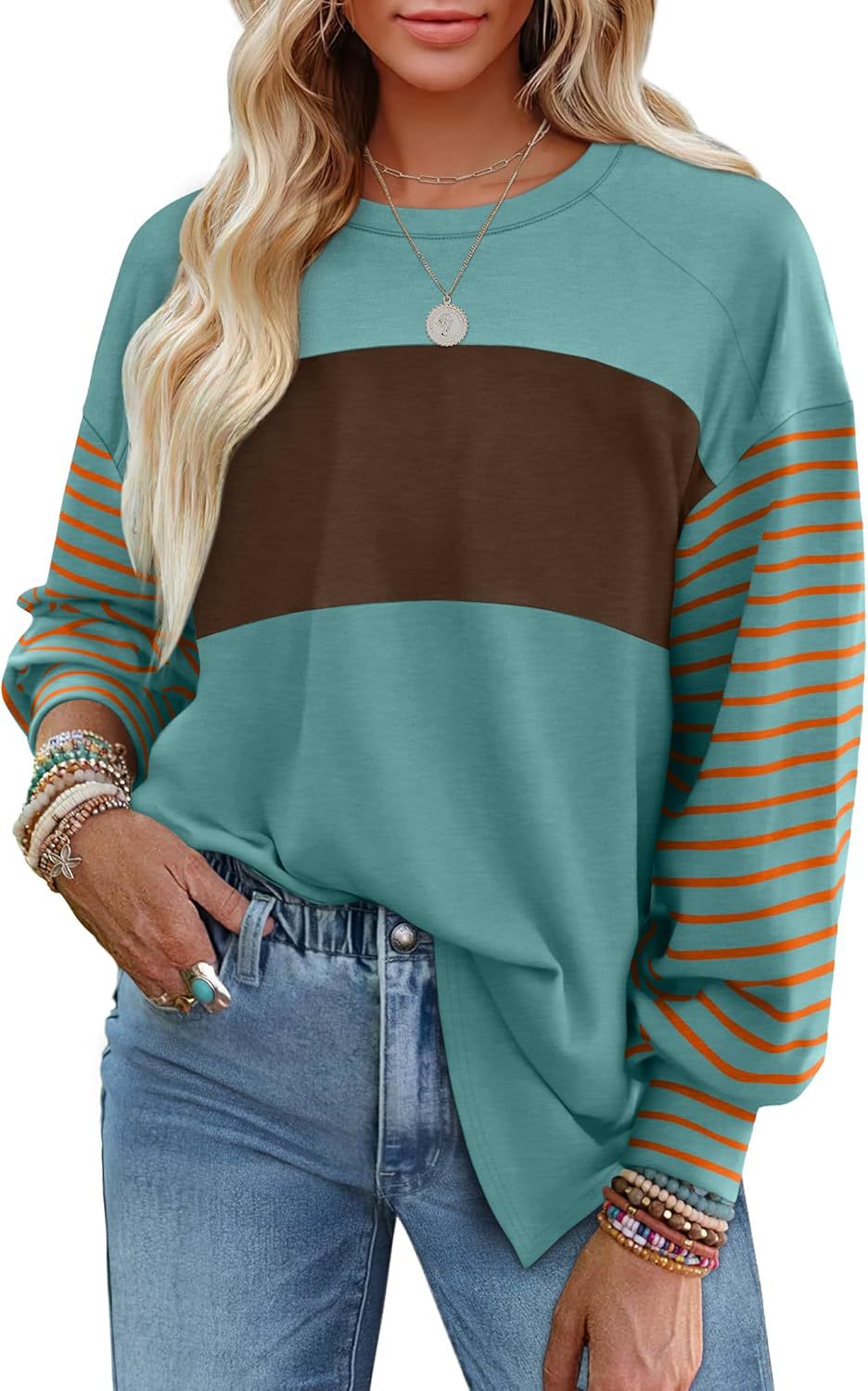 Pullover Crew Neck Casual Striped Contrast Long Sleeve T-Shirt Women